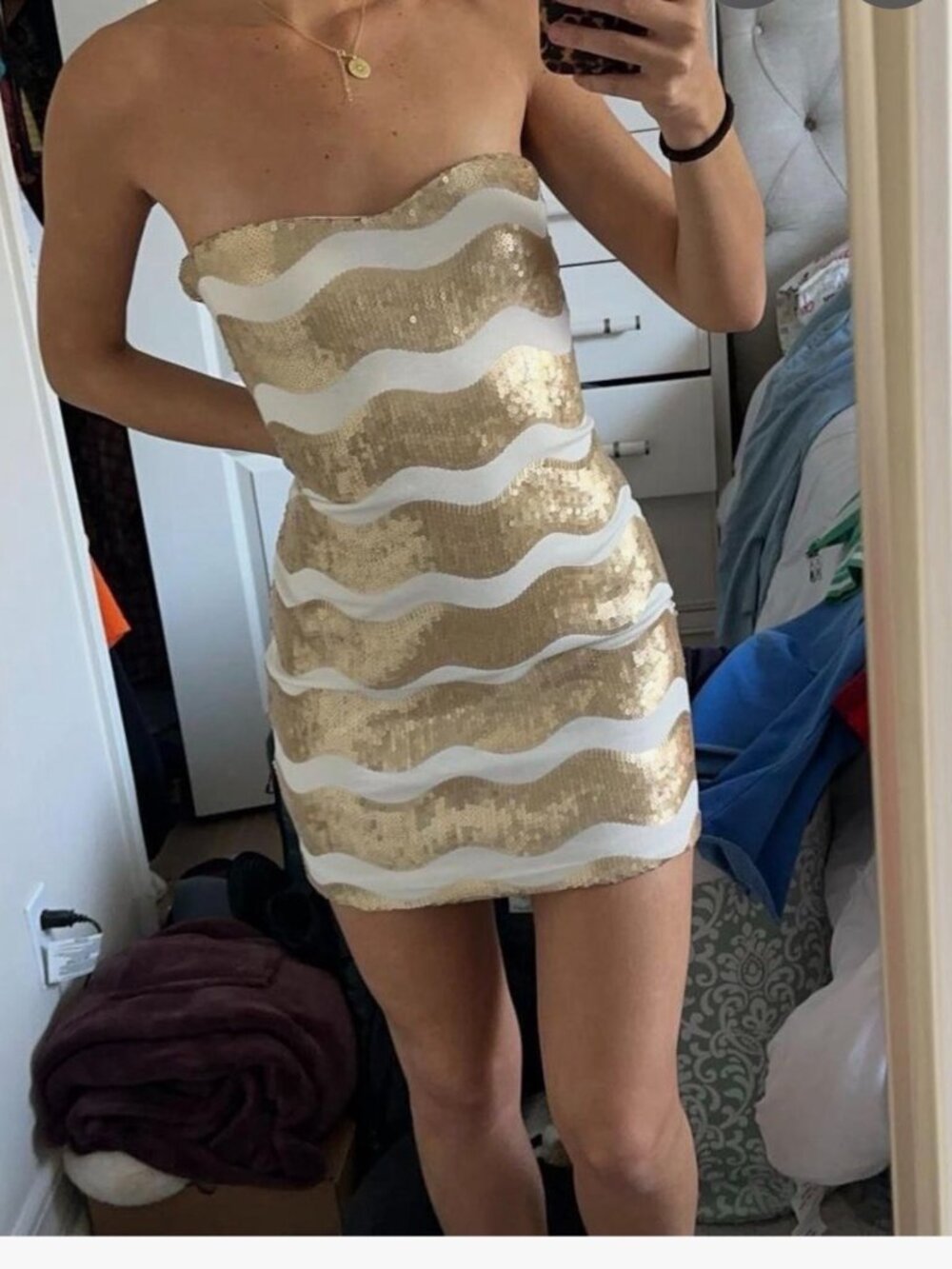 Frederick's of Hollywood Gold & White Sequin Strapless Mini Cocktail Dress